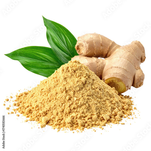 Ground ginger spice atop fresh ginger root