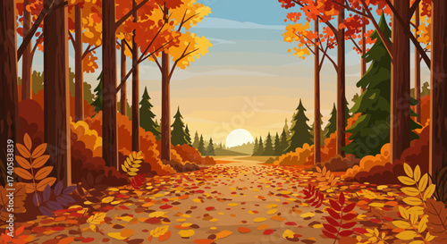 Autumnal Path A Road Covered with Fallen Leaves Amidst a Forest at Sunset