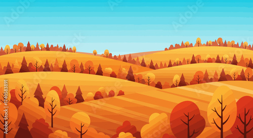 Autumn Landscape with Golden Hills and Trees in Warm Tones