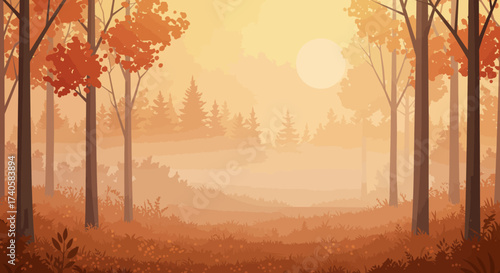 Autumnal Forest Path Golden Light Through Misty Trees