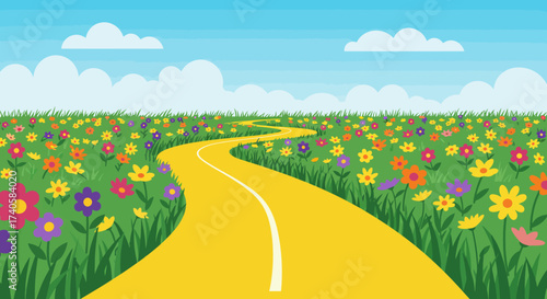 Vibrant Floral Meadow and Winding Yellow Path
