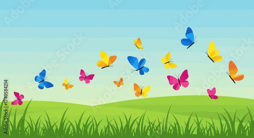 Colorful butterflies fluttering across a vibrant green meadow on a sunny day
