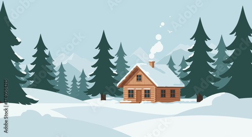Winter Cabin Retreat Snowy Forest Landscape with Cozy Log Home