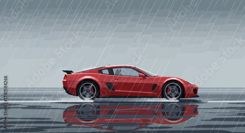 Red Sports Car Glides Through a Rainy Day Reflections on the Wet Road