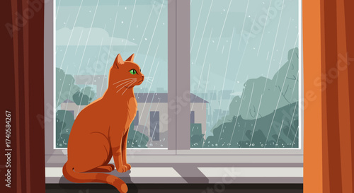 Cozy Cat Gazing at the Rain from a Window