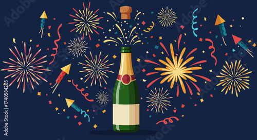 Festive Celebrations Champagne Bottle Explosion amidst Colorful Fireworks