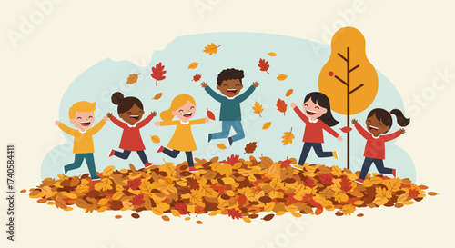 Joyful Autumn Children Playing in a Pile of Colorful Fall Leaves
