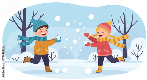 Winter Fun Children Enjoying a Snowball Fight in a Snowy Landscape