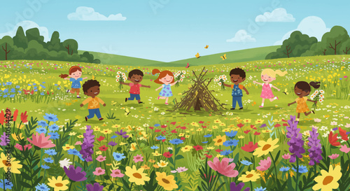 Children Playing with Flowers in a Colorful Meadow on a Sunny Day Illustration