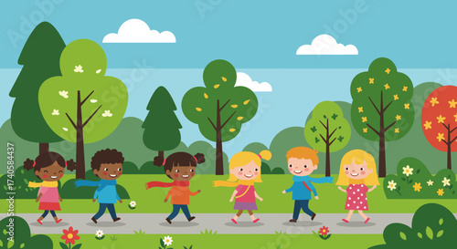 Happy Children Walking Together in a Green Park Illustration
