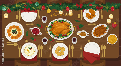 Festive Thanksgiving Table Setting with Roasted Turkey and Holiday Decorations