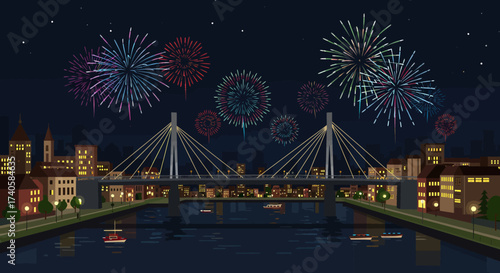 Festive Cityscape Fireworks over a Modern Bridge at Night