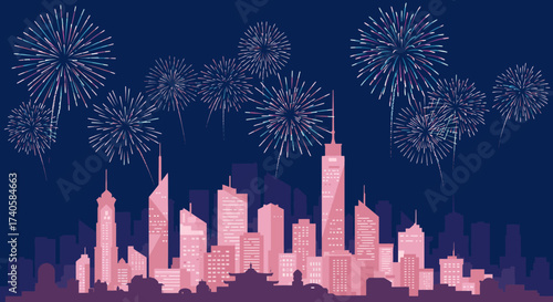 City Skyline Fireworks Display at Night