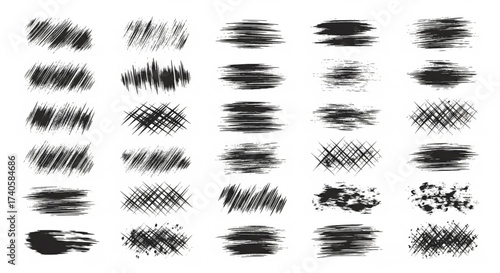 A collection of thirty black brush stroke designs on a white background, showing various textures and patterns.