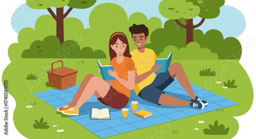 Couple's Relaxing Picnic Reading Books Together in the Park