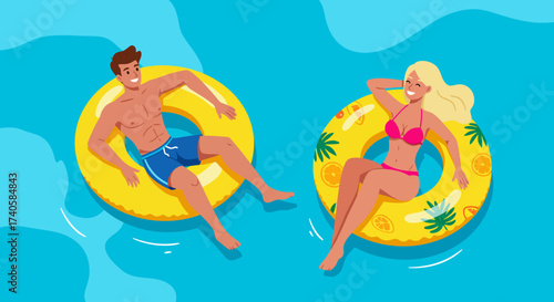 Couple Relaxing on Inflatable Rings in a Pool Illustration