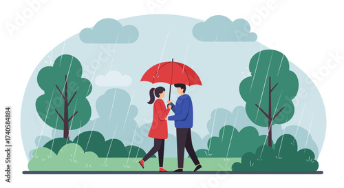 Couple Walking in the Rain Under an Umbrella Surrounded by Trees and Bushes