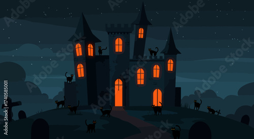 Spooky Castle with Black Cats in the Night Illustration