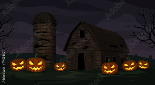 Spooky Farm Jack-o'-Lanterns Glowing in the Dark with Old Barn Background