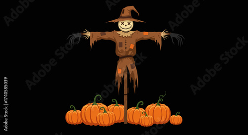 Halloween Scarecrow with Pumpkins against Dark Background