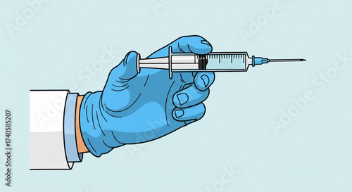 A gloved hand holding a syringe filled with a clear liquid, ready for injection.