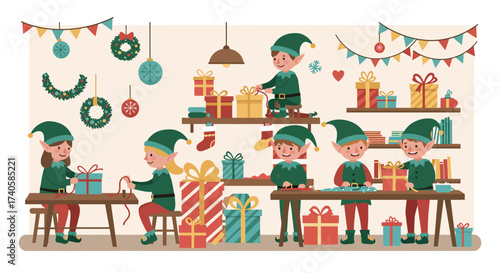 Santa's Workshop Elves Preparing Gifts for Christmas in a Festive Setting