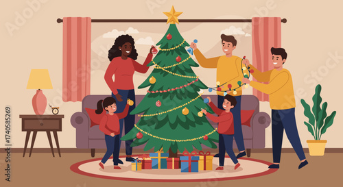 Festive Family Fun Decorating the Christmas Tree Together with Love and Laughter