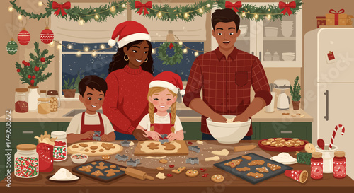 Festive Family Baking Christmas Cookies Together in a Cozy Kitchen
