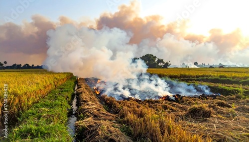 Burning field, smoky sky