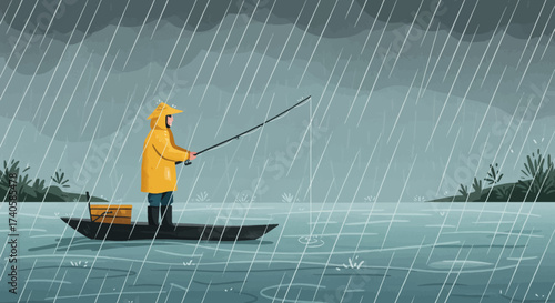 Solitary Fisherman in a Downpour An Illustration of Resilience and Patience