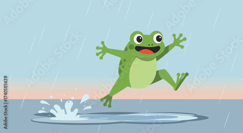 Happy Green Frog Splashing in Puddle Illustration