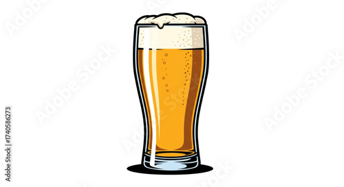 A tall glass of golden beer, overflowing with foamy, white head, isolated on white.