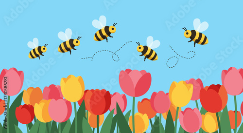 Bee Kind Pollination Party Among Tulips, a Cheerful Springtime Illustration