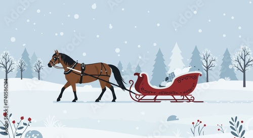 Horse-Drawn Sleigh in Winter Wonderland A Festive Holiday Journey Through Snowy Landscapes