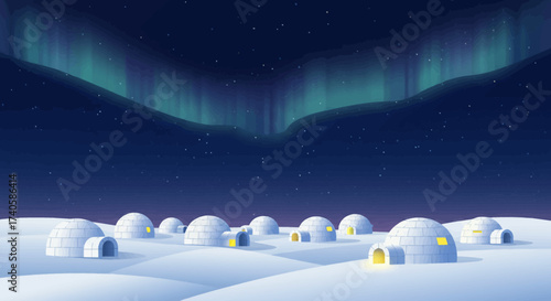 Aurora Borealis over Igloo Village A Tranquil Arctic Nightscape