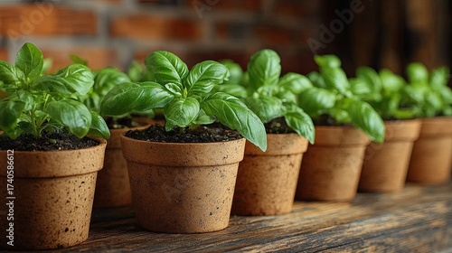 Fresh Green Basil Plants Growing in Terracotta Pots.