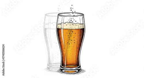 Illustration of a full glass of beer with bubbles, next to a transparent, empty glass outline.