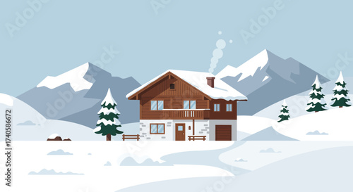 Cozy Chalet Scene in Snowy Mountains Illustration