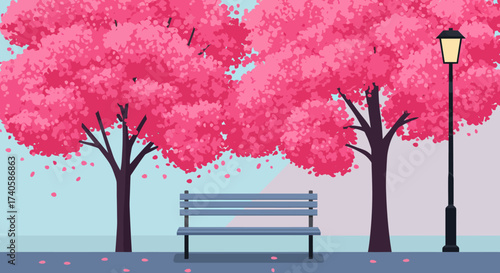 Pink Tree Park Bench Serenity A Springtime Escape Illustration