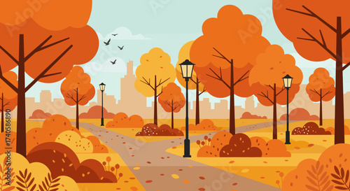 Autumnal Park Scene A Serene Landscape of Fall Colors and Tranquil Paths