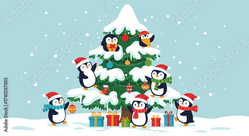 Festive Penguins Decorating a Christmas Tree with Gifts in a Snowy Scene