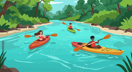 Kayaking Adventure Friends on a River Excursion in Nature