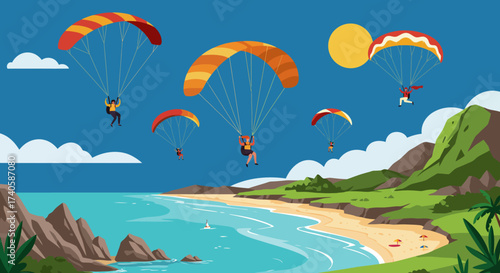 Paragliding Adventure on a Tropical Coastline with Colorful Parachutes