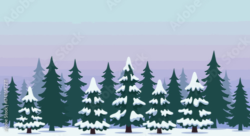 Serene Snowy Forest Evergreen Trees under a Gentle Winter Sky Illustration