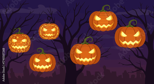 Halloween Pumpkins Glow Spooky Night Scene with Carved Jack-o'-Lanterns
