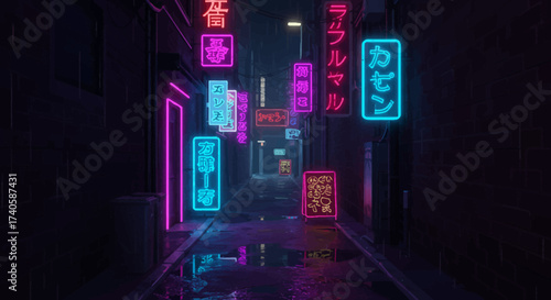 Neon Alleyway Vibrant Night Scene in Urban Cityscape