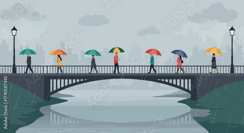Rainy Day Stroll People Crossing Bridge with Umbrellas on a Wet Day