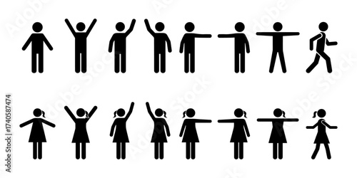 Stickman male and female warm up exercise poses. Man and woman stretching, fitness workout, training body movement, sport activity, healthy lifestyle, physical education vector illustration set.
