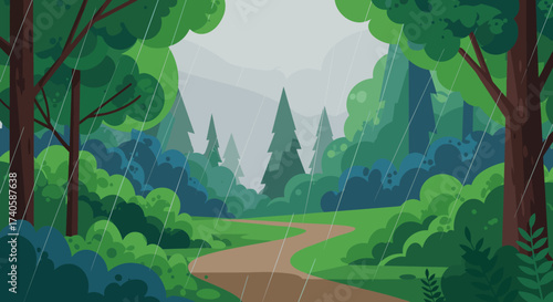 Rainy Forest Trail Serene Path Through a Lush Landscape