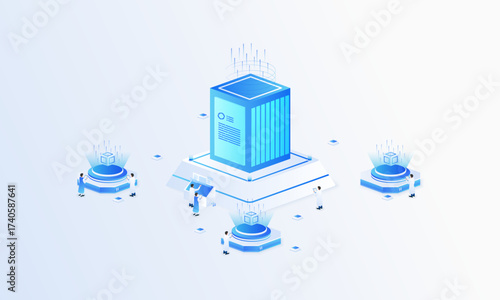 Artificial intelligence big data isometric vector illustration. Artificial intelligence data center analyzing server hardware technology, computer electronics and AI systems landing page template.